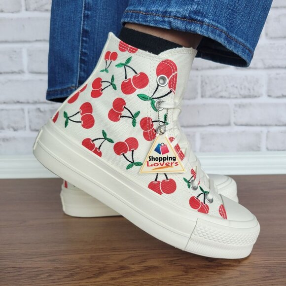 ⭐Converse Ctas Lift Platform Cherries 7.5 Womens Shoes Egret Red Sneaker A08096C - Picture 3 of 13